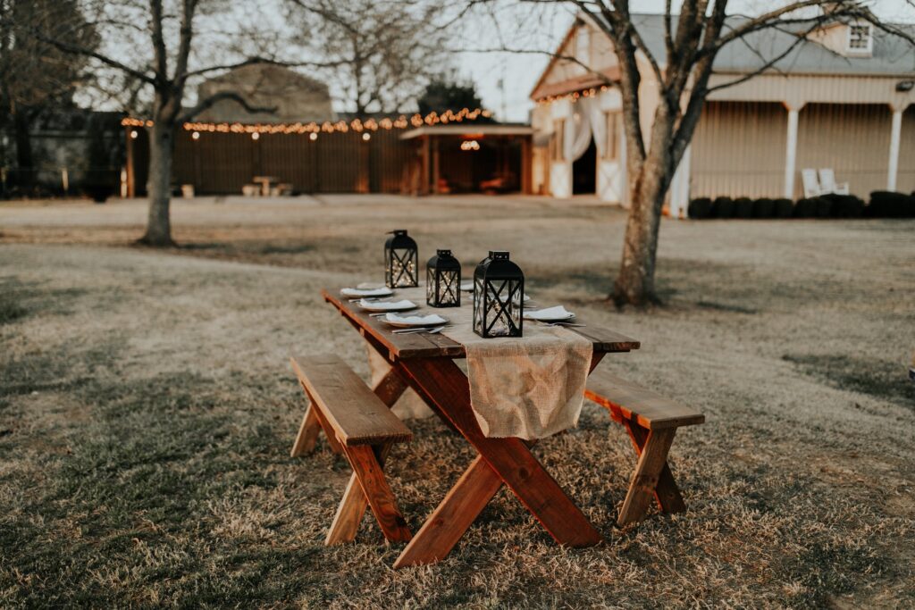 Outdoor wedding venue with picnic table