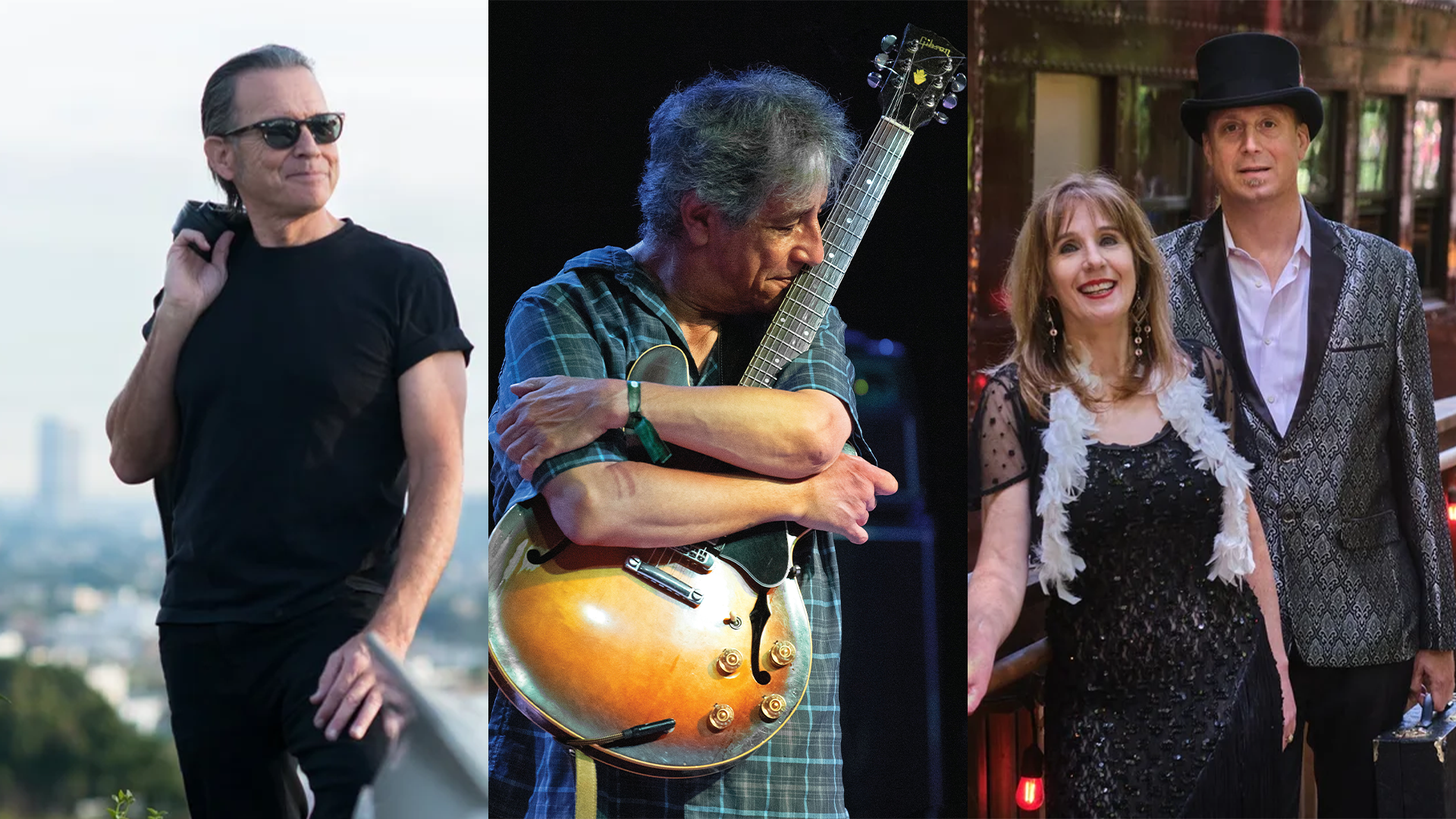 Three Photos: Tommy Castro, a white man in black with sunglasses, Chris Cain, a white man hugging his guitar, The Lucky Losers, a white female in a sparkly dress and a white man in a tuxedo coat and top hat.