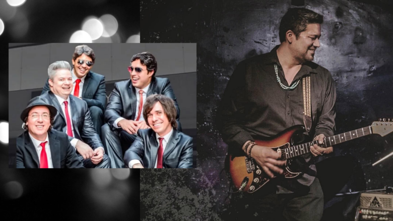 The Blues Beatles, 5 men in suits and red ties, are seated in the left image. In the right hand image, Mato Nanji is standing holding his electric guitar.