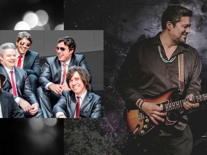 The Blues Beatles, 5 men in suits and red ties, are seated in the left image. In the right hand image, Mato Nanji is standing holding his electric guitar.
