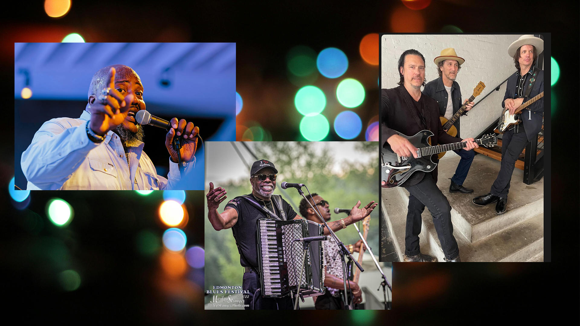 Vocalist Sugaray Rayford sings into a microphone, C.J. Chenier stands with his accordion, guitarists Jesse Dayton, Johnny Moeller and Ian Moore post with guitars