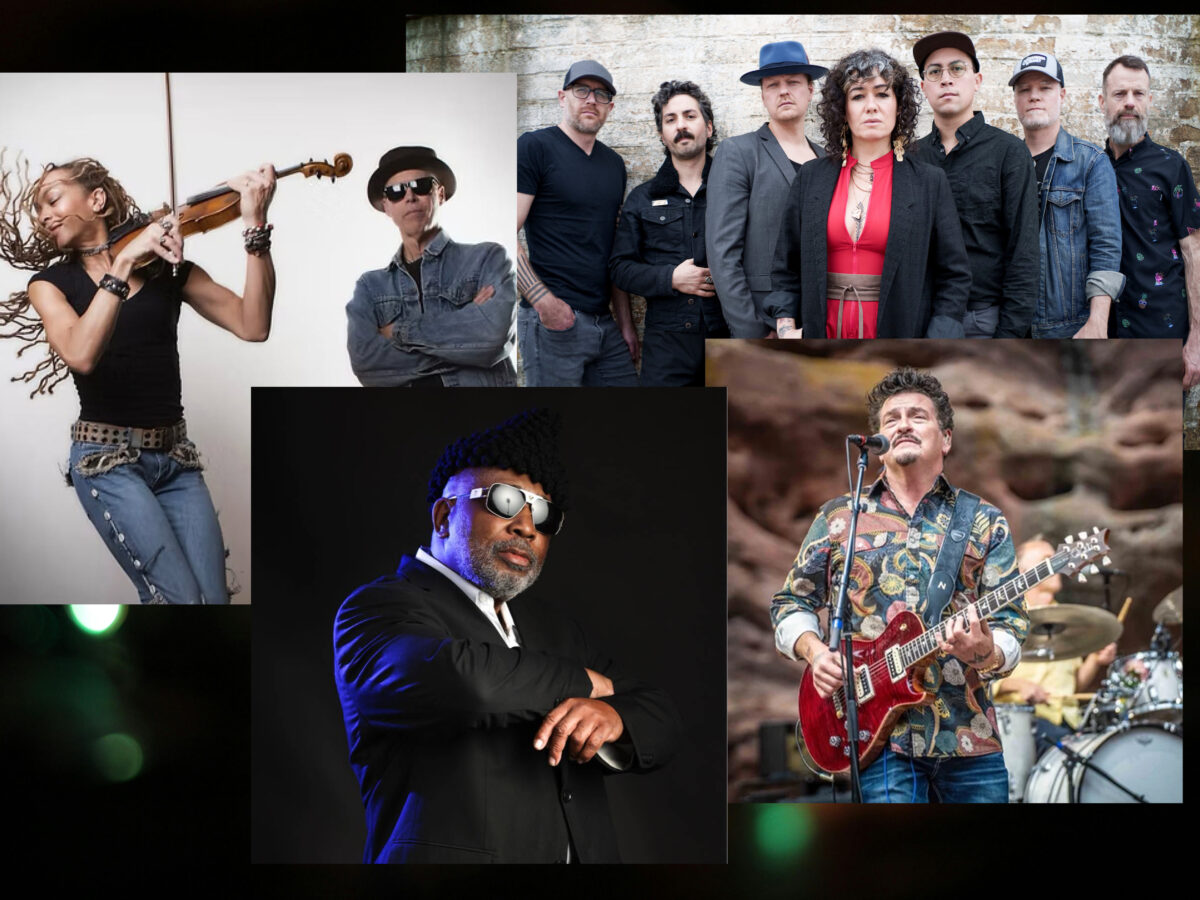 Four images, counterclockwise: a woman playing fiddle and a man in a jean jacket and hat with sunglasses, a man in a suit, tie, hat and sunglasses, a man performing with a red guitar, a group portrait of a band with a woman in a red dress and black jacket at the front of the photo.