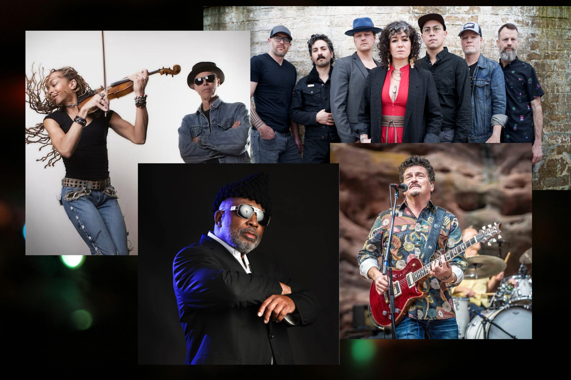 Four images, counterclockwise: a woman playing fiddle and a man in a jean jacket and hat with sunglasses, a man in a suit, tie, hat and sunglasses, a man performing with a red guitar, a group portrait of a band with a woman in a red dress and black jacket at the front of the photo.