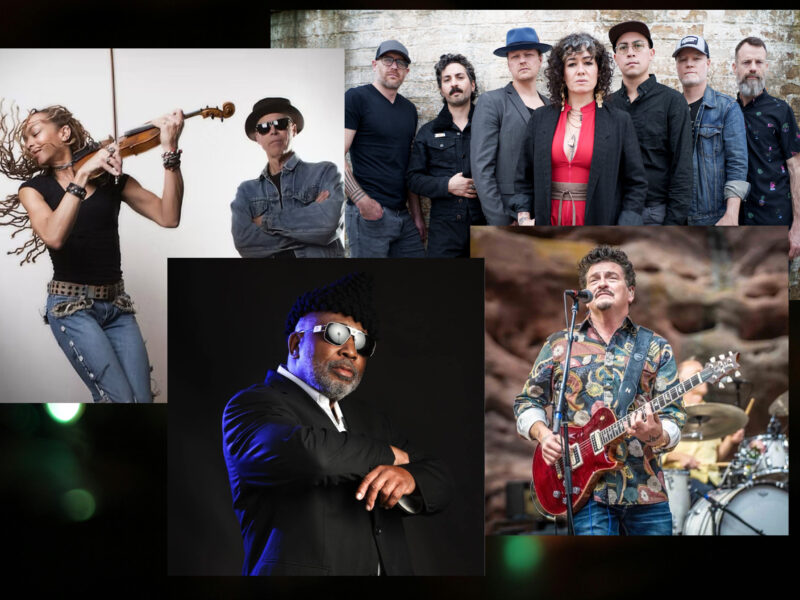 Four images, counterclockwise: a woman playing fiddle and a man in a jean jacket and hat with sunglasses, a man in a suit, tie, hat and sunglasses, a man performing with a red guitar, a group portrait of a band with a woman in a red dress and black jacket at the front of the photo.