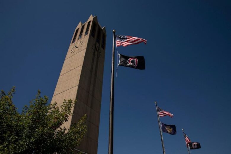 The Henningson Memorial Campanile on the UNO campus outside of the School of Criminology and Criminal Justice.