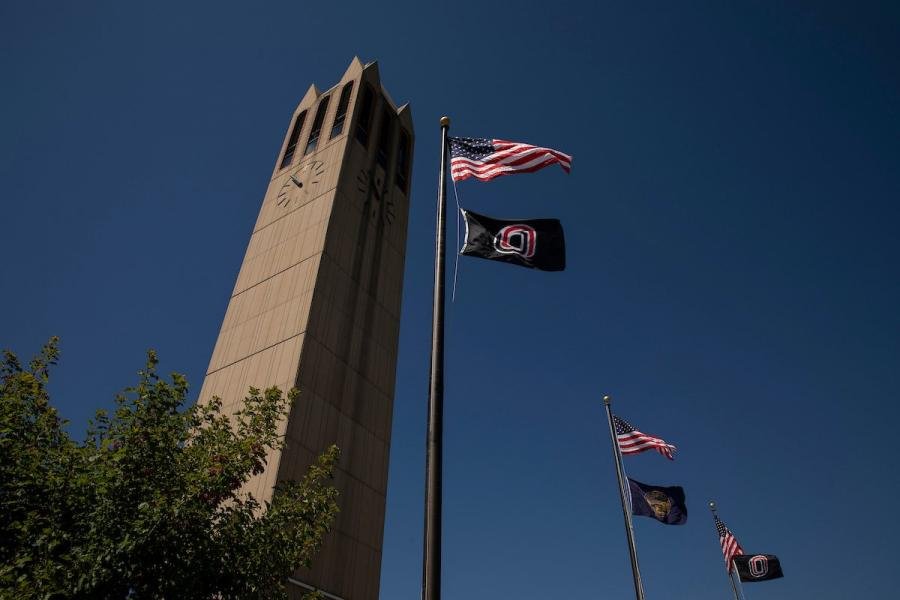 The Henningson Memorial Campanile on the UNO campus outside of the School of Criminology and Criminal Justice.