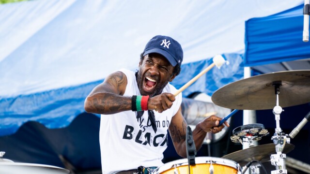Roger Lewis performs with Dirt House at the Maha Music Festival on July 31, 2020. Photo by Chris Bowling.