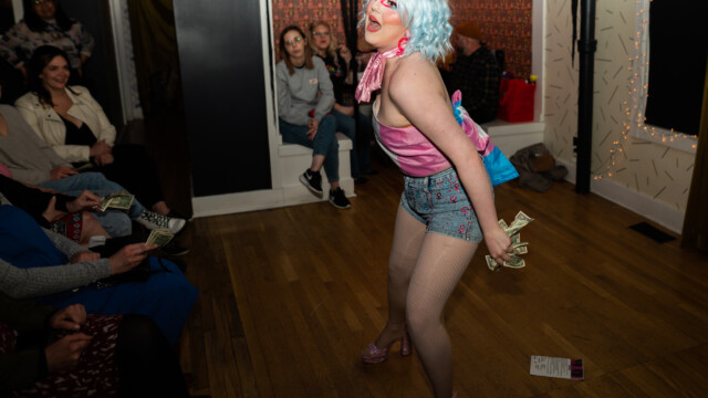Donna Resuscitate performs at a drag benefit at Tiny House bar on April 15, 2023. Photo by Chris Bowling.