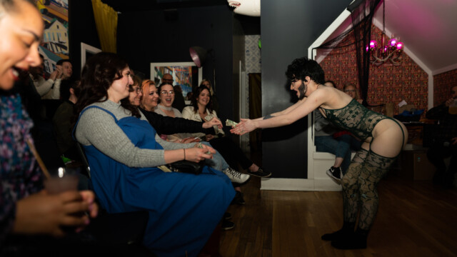 Annie Christ performs at a drag benefit show at Tiny House bar on April 15, 2023. Photo by Chris Bowling.