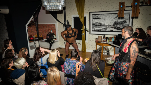 Drag performer CC Pebbles performs at a drag house benefit at Tiny House bar on April 15, 2023. Photo by Chris Bowling.