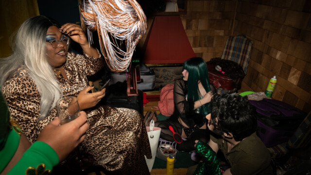 Drag performer CC Pebbles backstage at a drag benefit at Tiny House bar on April 15, 2023. Photo by Chris Bowling.